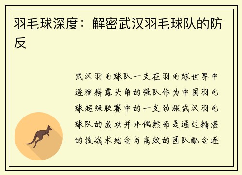 羽毛球深度：解密武汉羽毛球队的防反