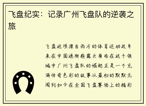 飞盘纪实：记录广州飞盘队的逆袭之旅
